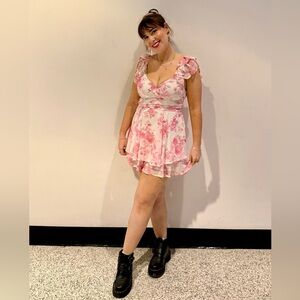 Altar'd State Adorable Pink Floral Ruffle Romper